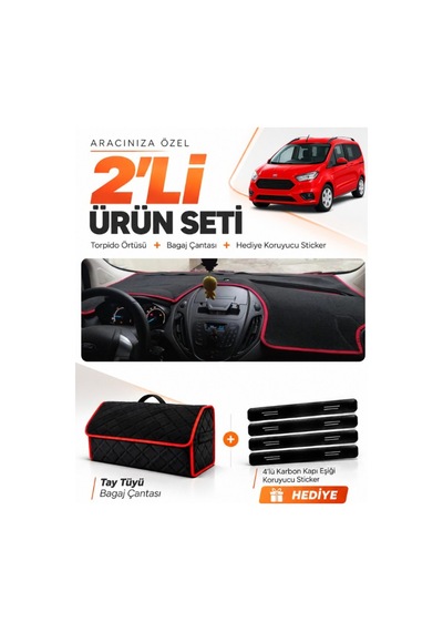 Ford Courier 2013-2020 Ekransız Uyumlu Torpido Örtüsü + Tay Tüyü Çanta Seti - Siyah Kırmızı