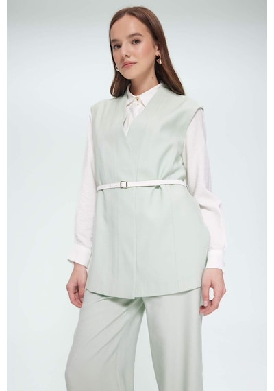 Defacto V Yaka Kemerli Twill Tesettür Klasik Yelek F1371ax25smgn1181 Yeşil