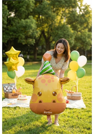 Şapkalı Safari Zürafa Kafa Folyo Balon 80x56 Cm Safari Temalı Çocuk Doğum Günü Parti Süsü Çok Renkli