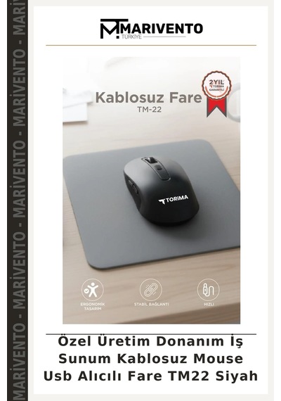 Özel Üretim Donanım İş Sunum Kablosuz Mouse Usb Alıcılı Fare Tm22 Siyah