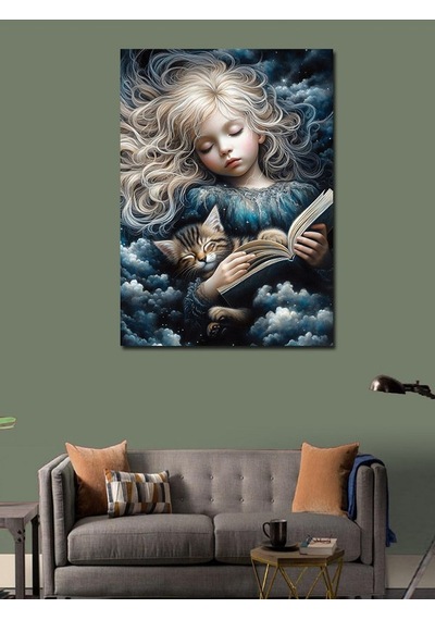 Kanvas Tablo Kitap Okuyan Kız Ve Kedi 70cmx100cm