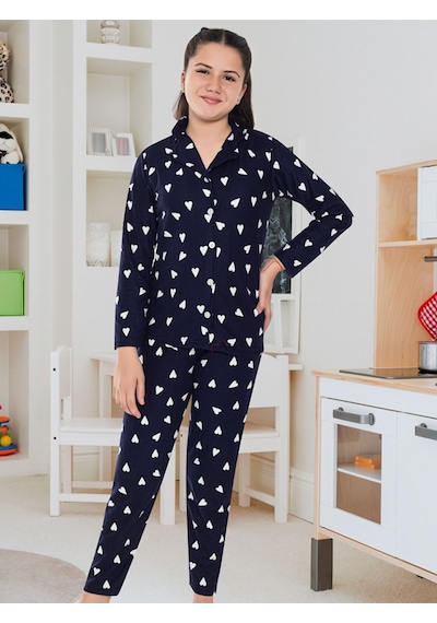 6592 Kız Çocuk Süet Kışlık Kalın Pijama Takımı Lacivert