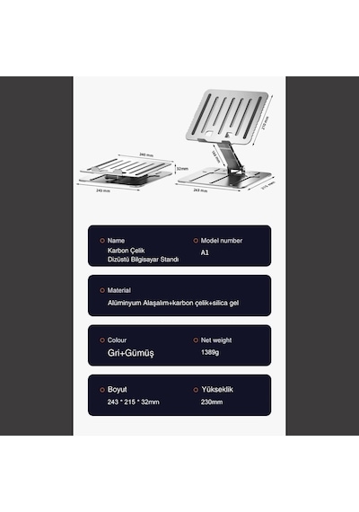 Katlanabilir Ayarlanabilir Alüminyum Laptop Standı, Taşınabilir Ergonomik Notebook Yükseltici, 6 Kademeli Yükseklik Ayarlı, Macbook Tablet Uyumlu, 10-17 İnç, Siyah