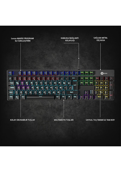 Lecoo KG1101 Kablolu Blue Switch RGB Makro Tuşlu Gaming Mekanik Türkçe Q Klavye