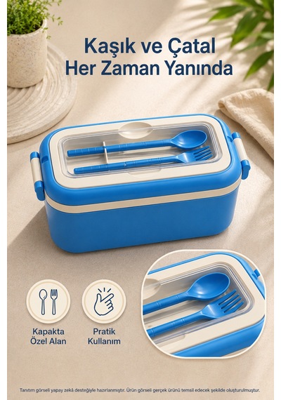 Mavi 3 Bölmeli Çocuk Beslenme Kutusu Kaşık Çatal Dahil Kilitli Kapaklı Taşıma Saplı Lunch Box