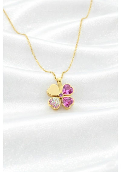Çekirdekjewelry 925 Ayar Gümüş Pembe Taşlı Taşlı Yonca Kolye Sarı