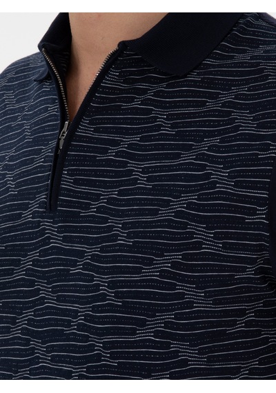 Lacivert Regular Fit Fermuarlı Polo Yaka Desenli T-shirt