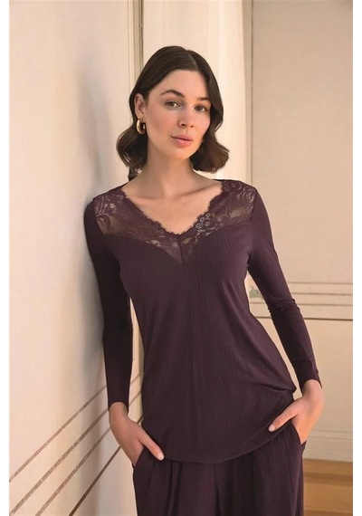 Ang Butik Kadın Uzun Kollu Ve Dantelli Pijama Takımı Mürdüm