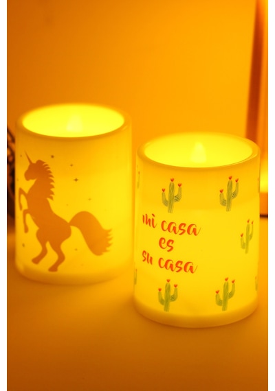 2li Led Mum Unicorn Kaktüs Bardak Tipi Pilli Dumansız Alevli Dekoratif Yapay Mum Dekor Lambası