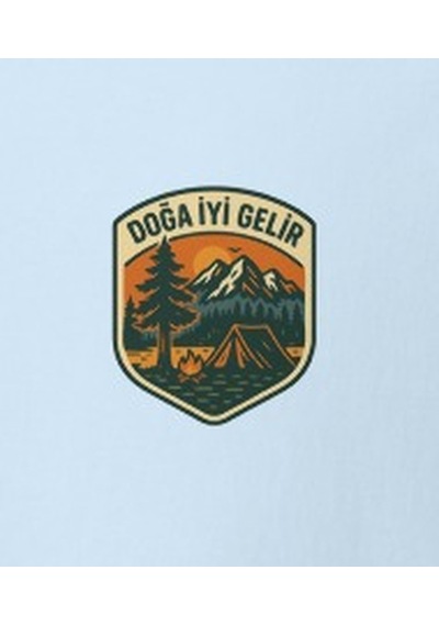 Wildstyle Doğa Terapisi Renkli Kamp Doğa Orman Huzur Rozet Baskılı Unisex Bisiklet Yaka Pamuklu Tişört Bebek Mavisi