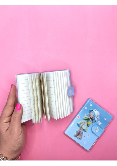 Çiçekli Kız A7 Not Defteri , Çıt Çıtlı Cep Defteri - Mavi
