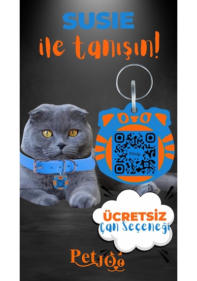 Petjoo 3.Susie Turuncu-Mavi Qr'lı Kedi Künyesi