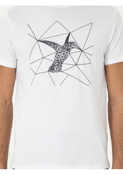 Beyaz Slim Fit Bisiklet Yaka Desenli T-shirt