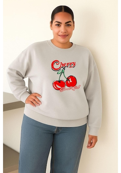 Benroma 3 İplik Penye Cherry Kiraz Baskılı Büyük Beden Unisex Sweatshırt Çok Renkli