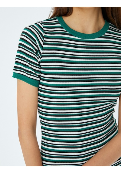 Koton Bisiklet Yaka Kısa Kollu Fitilli Mini Bodycon Elbise Yeşil Çizgili 5sal80042ık Yeşil Çizgili Yeşil