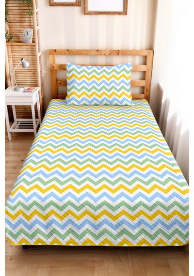 Mavi Zigzag Geometrik Genç Odası Tek Kişilik Pike Takımı-sarı Yeşil 160x220 Cm Kapitone Yatak Örtüsü Bohem Kireç Geçişi