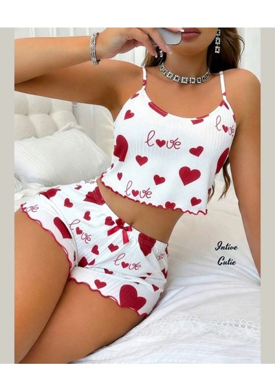 Intive Cutie Love Yazılı Kalp Desenli İnce Askılı Bralet Şort Takım/pijama Takımı Beyaz
