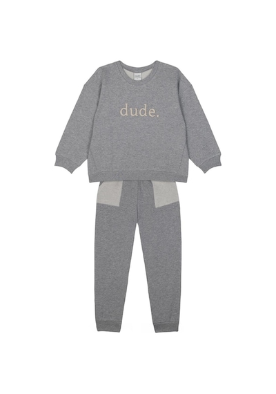 Antebies Organik, Gri Melanj Dude Aplik,bel Lastikli Bağcıklı Uzun Kollu Erkek Çocuk Sweatshirt Eşofman Takımı