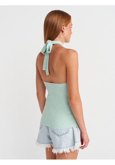Dilvin 10798 Halter Bağlamalı Yaka Fitilli Triko Bluz-mint Mint