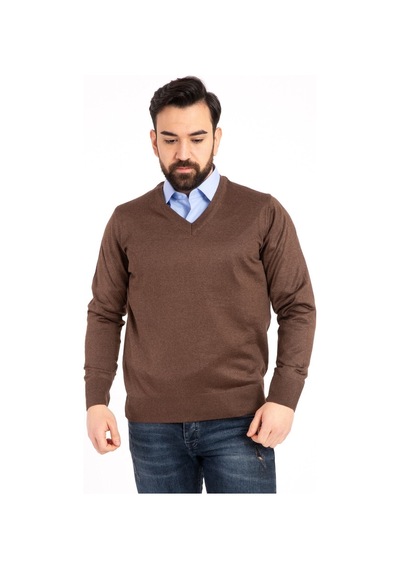 Nacar Store Erkek Kahverengi Ince Yün Triko V Yaka Triko Kazak