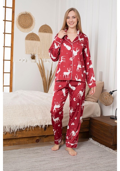 Lüks Saten Pijama Takımı Düğmeli, Cepli Ve Arabiyeli Kırmızı