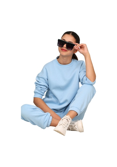 Erdem Kıds Kız Çocuk Paçası Lastikli 3 İplik Şardonlu İçi Pamuklu Basic Bisiklet Yaka Eşofman Takımı Bebe Mavisi Bebe Mavisi