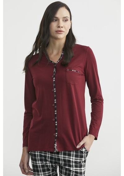 Sementa Ekose Kombinli Düğmeli Pijama Takım - Bordo Bordo