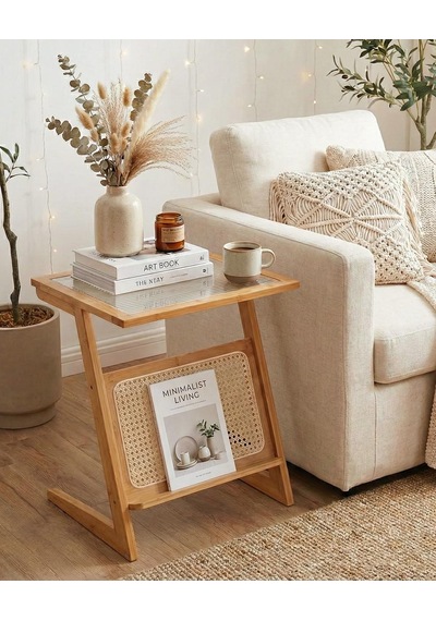 Doğal Bambu Hazeranlı Rattan Yan Sehpa Gazetelik Kitaplık Dergilik Kahverengi