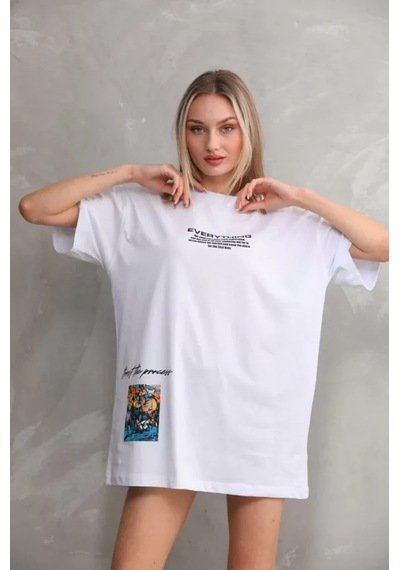 Periliçekeçe Unisex Bisiklet Yaka Baskılı Oversize T-shirt - Beyaz