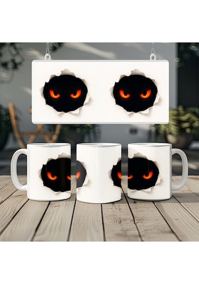 3d Görünümlü Kırmızı Gözlü Kupa Bardak Halloween Temalı Siyah Yüz Tasarım Bardak - Kabartmasız Beyaz