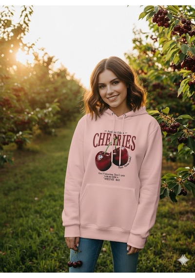 Chery Baskılı Pembe Kapüşonlu Sweatshirt Pembe