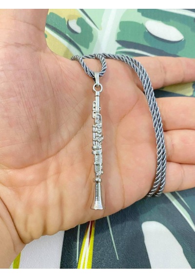 Klarnet Kolye Gri Kordon Kordon Gümüş