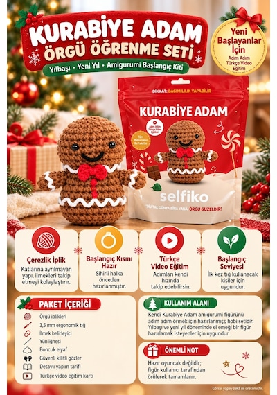 Selfıko Kurabiye Adam Örgü Öğrenme Seti Yılbaşı Yeni Yıl Amigurumi Başlangıç Hobi Kiti Çok Renkli