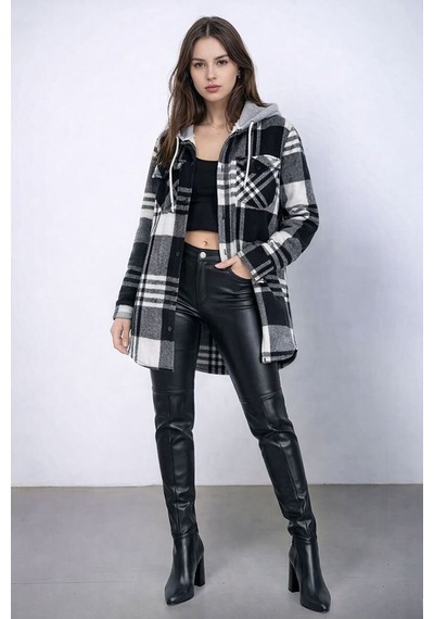 Mamayaga Kadın Desen Bloklu Oduncu Oversize Geniş Kalıp Casual Cepli Kapüşonlu Uzun Boy Ceket Gömlek Siyah Beyaz
