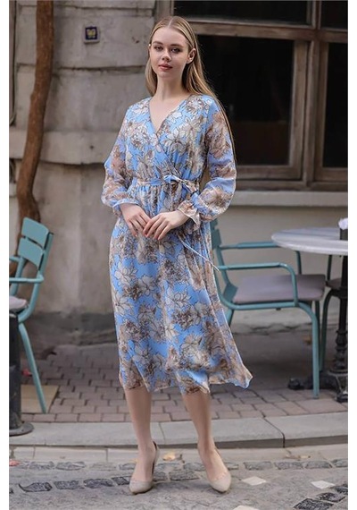 Neşeli Butik Kadın Mavi Kruvaze Yaka Çiçek Desenli Midi Elbise Rssn29 Mavi