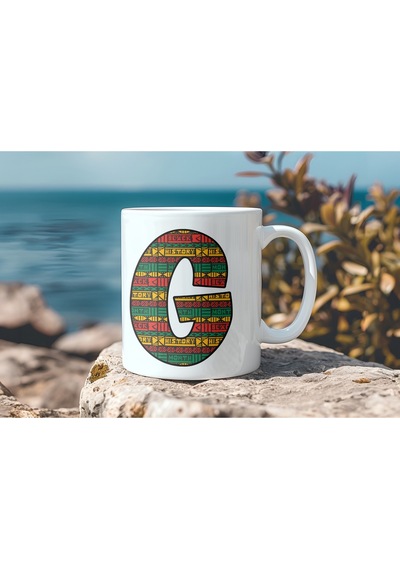 G Harfi Etnik Desenli Kupa - Afrika Tarzı Kahve Çay Kupası - Hediyelik - Black History Beyaz