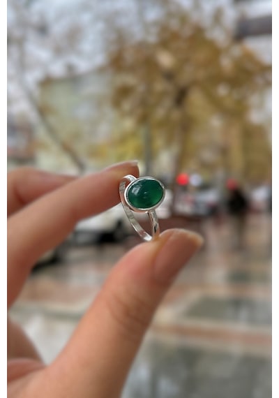 Gümüş 10x8 Mm Yeşil Akik Taşlı Yüzük Diğer