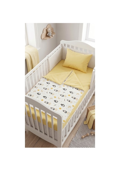 %100 Pamuk Sevimli Penguen Desenli Bebek Nevresim Takımı - Sarı / Beyaz 3'lü Set