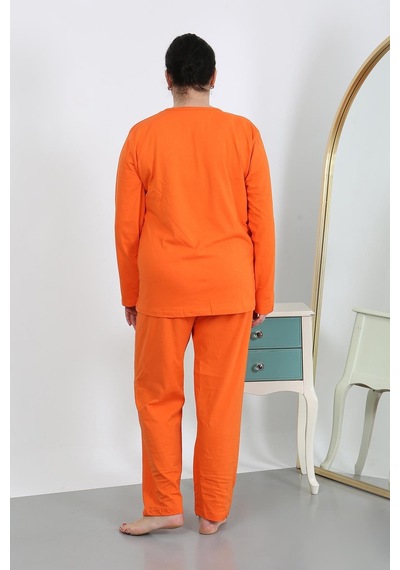 Akbeniz Kadın Büyük Beden Uzun Kol Penye Pijama Takımı Turuncu 202501 Turuncu