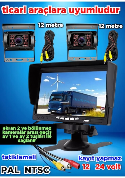 2 Adet Metal Kasa Kamera Ve Kayıtsız 7'' Ekran 12 24 Volt