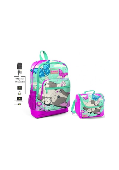 Coral High Sevimli Kedi ve Kelebek Okul Çantası ve Beslenme Çanta
