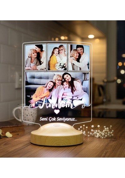 Anneye Hediye 4 Fotoğraflı Led Lamba Kişiye Özel Resimli Anneler Günü Hediyesi, Annem Yazılı Anlamlı Hediye
