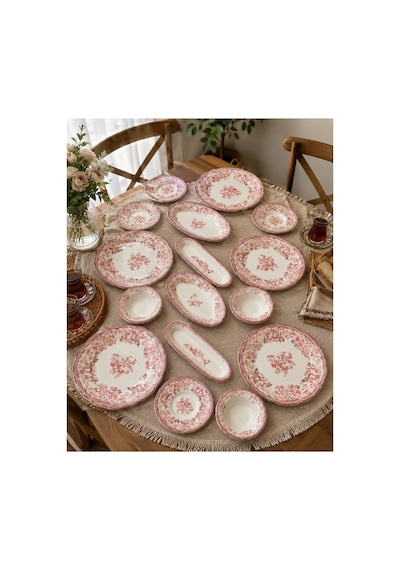 Porser Velour Maroon 20 Parça Kahvaltı Takımı , Porselen Kahvaltı Takımı Pembe