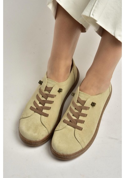 Fox Shoes Y999364003 Bej Hakiki Deri Süet Kadın Spor Ayakkabı Sneakers Bej
