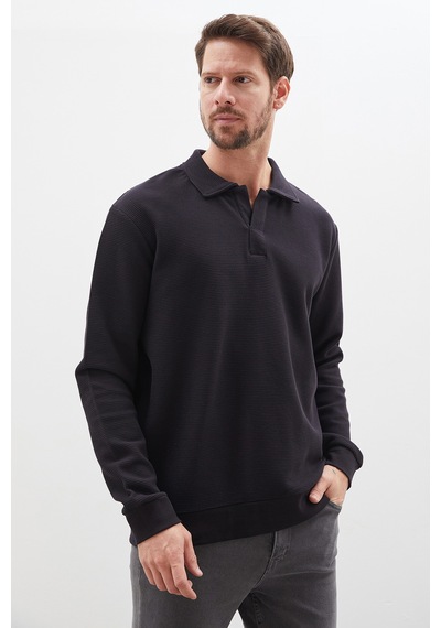 Fullamoda Petek Kumaş Apaş Yaka Regular Sweatshirt Siyah