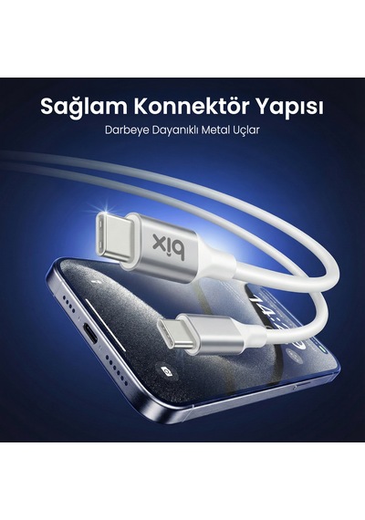 Bix Bx200cc 100w 5gbps Usb-c Hızlı Şarj Data Kablosu 2 Mt Beyaz Beyaz