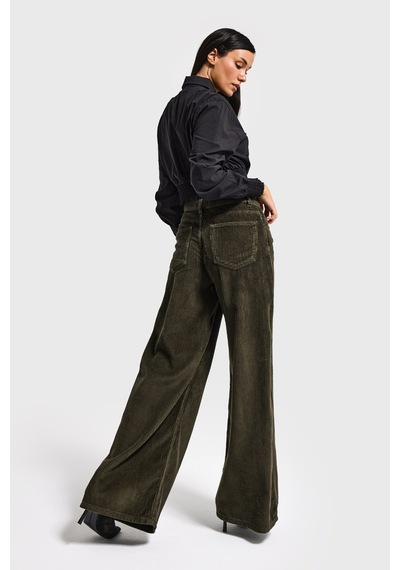 Itsbasic Kadın Haki Renk Hera 26w5-15 Palazzo Fit Kalın Fitilli Velvet Kadife Kumaş Pantolon