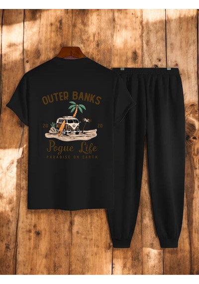 Uyguntarz Unisex Outer Banks Tasarım Basklı Tshirt Eşofman Takımı Siyah