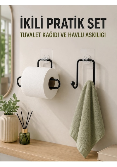 Zenvia Duvara Yapışkanlı 2 Li Düzenleme Seti Havlu Askısı Ve Tuvalet Kağıdı Tutucu Znv2026 Çok Renkli