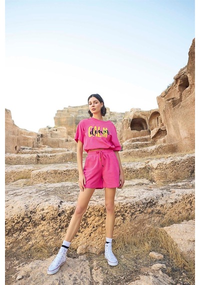 Monamise Kadın Kısa Kollu "calm Down" 3'lü Crop Şort Takımı 23088-pembe Pembe